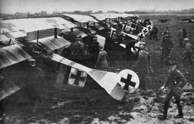 Fokker Dr.1s of Jasta 26 lined up at Erchin, France sometime during the First World War. (US Navy)